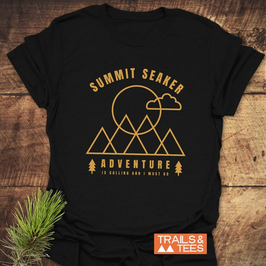 Summit Seaker T-Shirt featuring a stylized mountain graphic with Adventure slogan. Made from soft cotton, pre-shrunk, durable prints, no side seams.