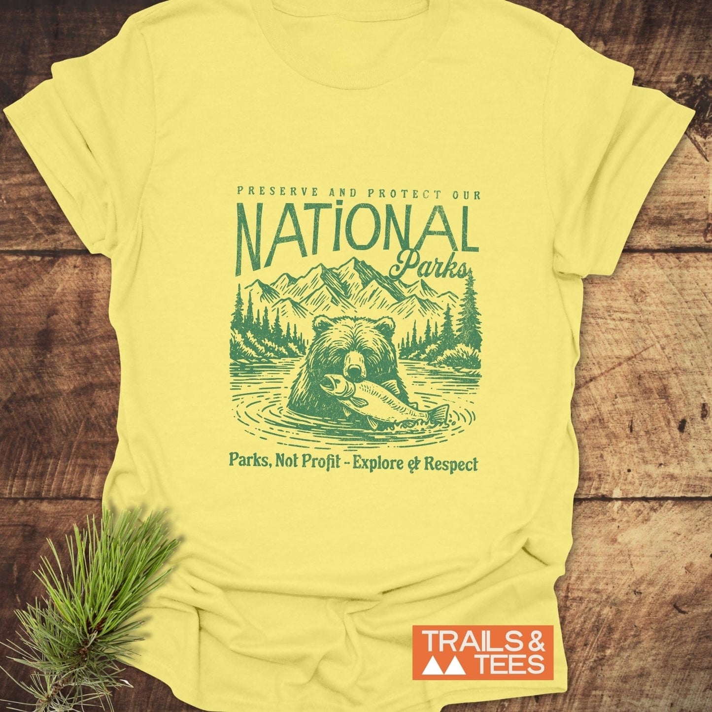 National Parks T-Shirt featuring a bear, pine trees, and mountains with the phrases “Preserve and Protect” and “Parks, Not Profit.” Trails & Tees logo included.