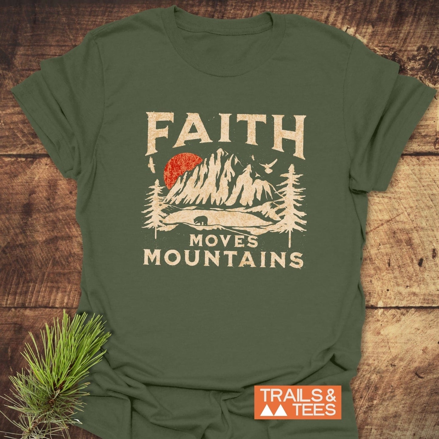 Faith Moves Mountains T-Shirt with vintage mountain print, featuring a bear, birds, and a sun, crafted from soft ring-spun cotton for outdoor adventures.