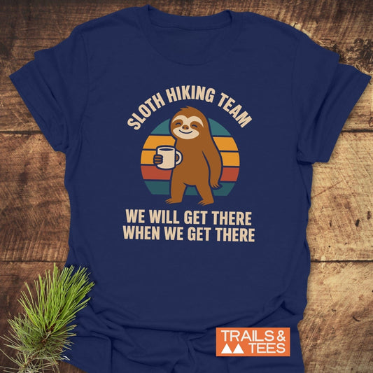 Sloth Hiking Team T-Shirt featuring a smiling sloth with a coffee mug, crafted from soft cotton for comfort and durability, perfect for outdoor enthusiasts.