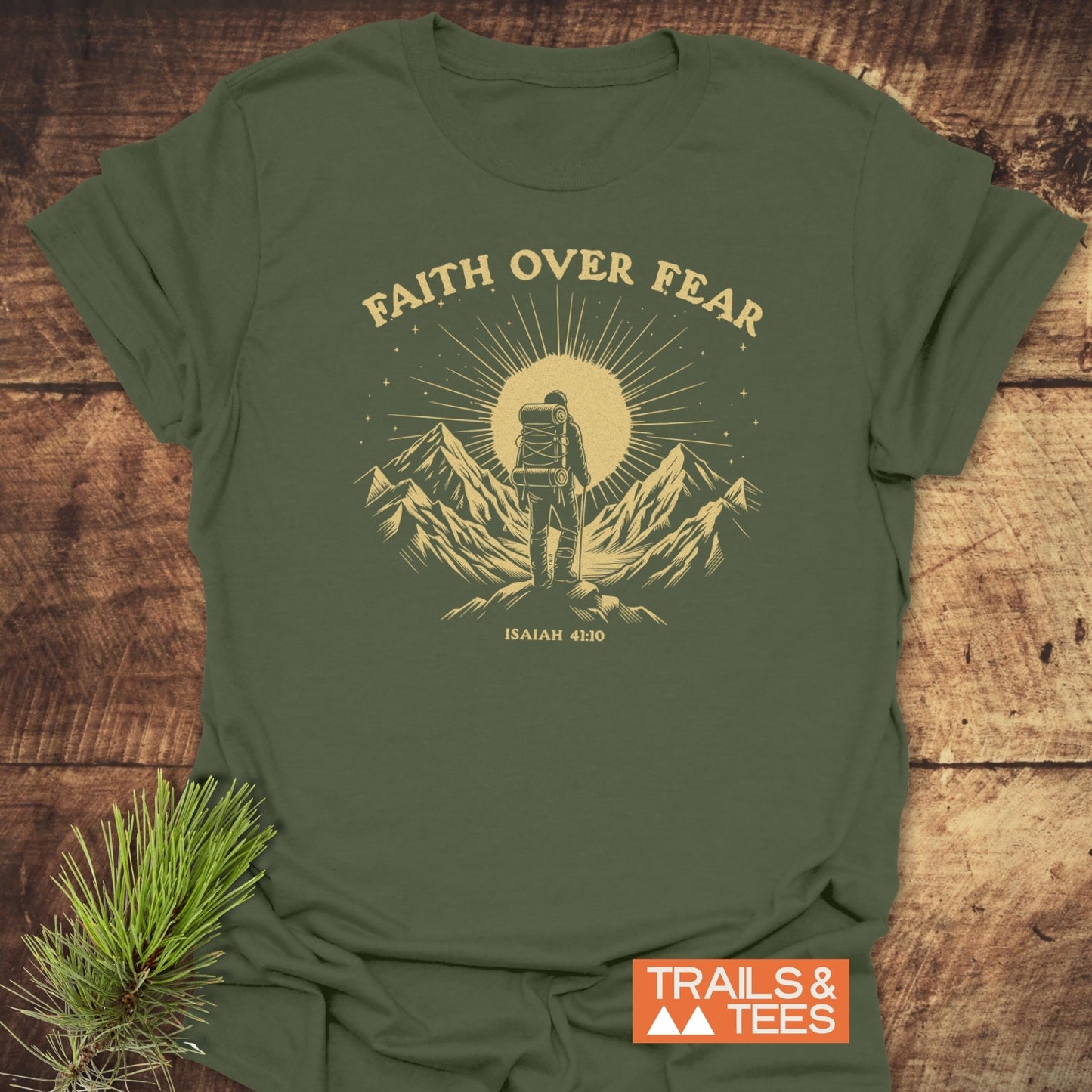 Faith Over Fear T-Shirt featuring a gold hiker design with scripture, crafted from soft ring-spun cotton. Durable print, pre-shrunk for reliable fit.