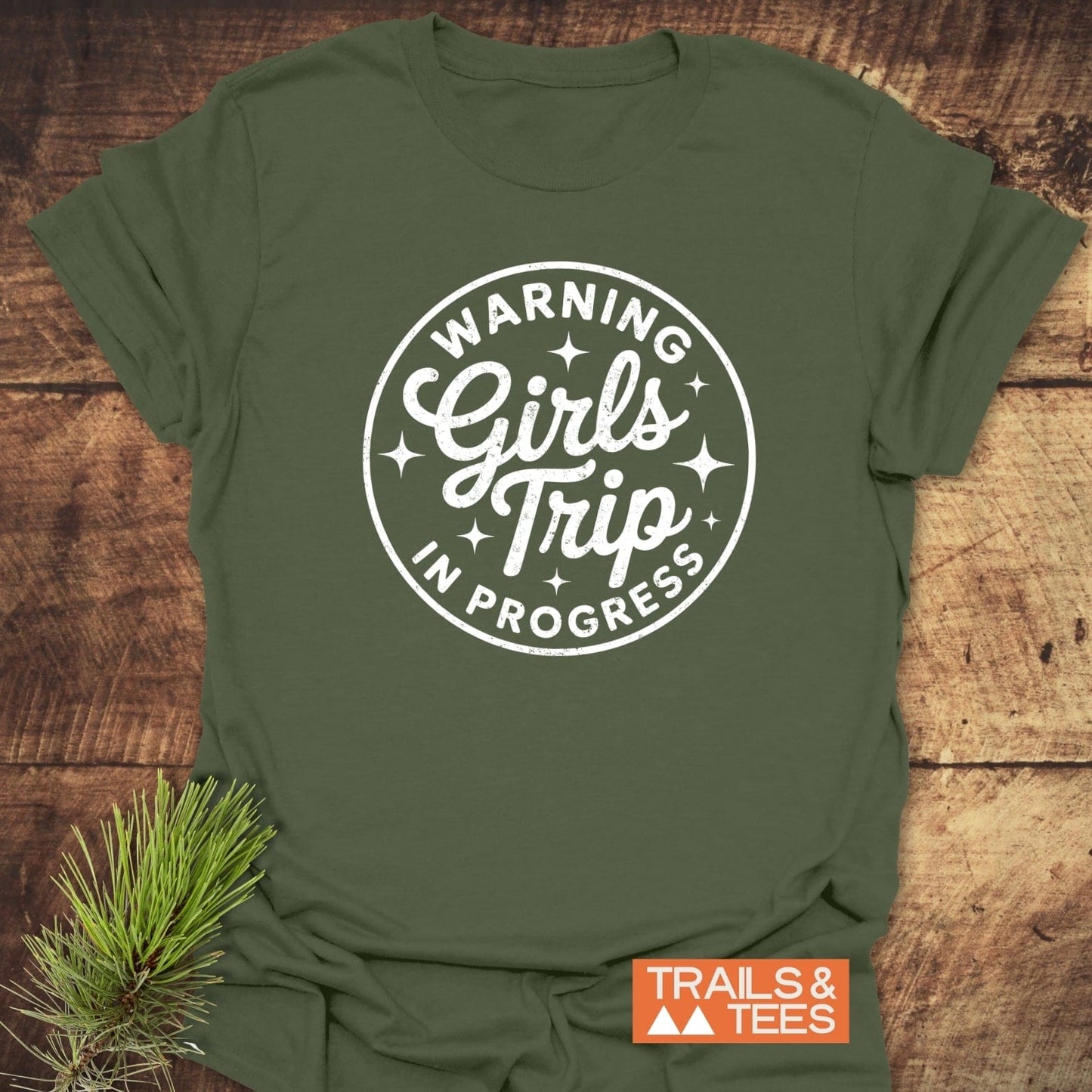 Girls Trip Hiking T-Shirt with WARNING Girls Trip IN PROGRESS graphic, on rustic wood. Made of ring-spun cotton for comfort and durability.