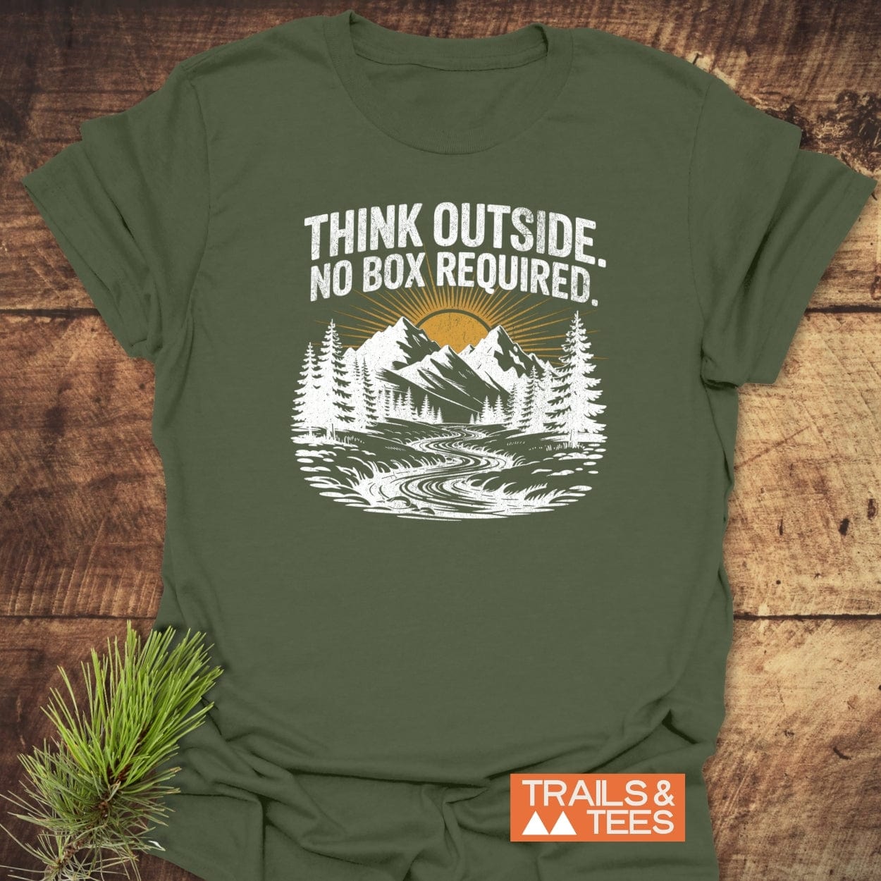 The Think Outside T-Shirt features a mountain scene with a motivational slogan, crafted from soft cotton for comfort and durability, ideal for outdoor enthusiasts.