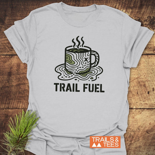 Trail Fuel T-Shirt featuring a topographic coffee mug graphic, bold TRAIL FUEL text. Crafted from soft, lightweight cotton for everyday outdoor adventures.