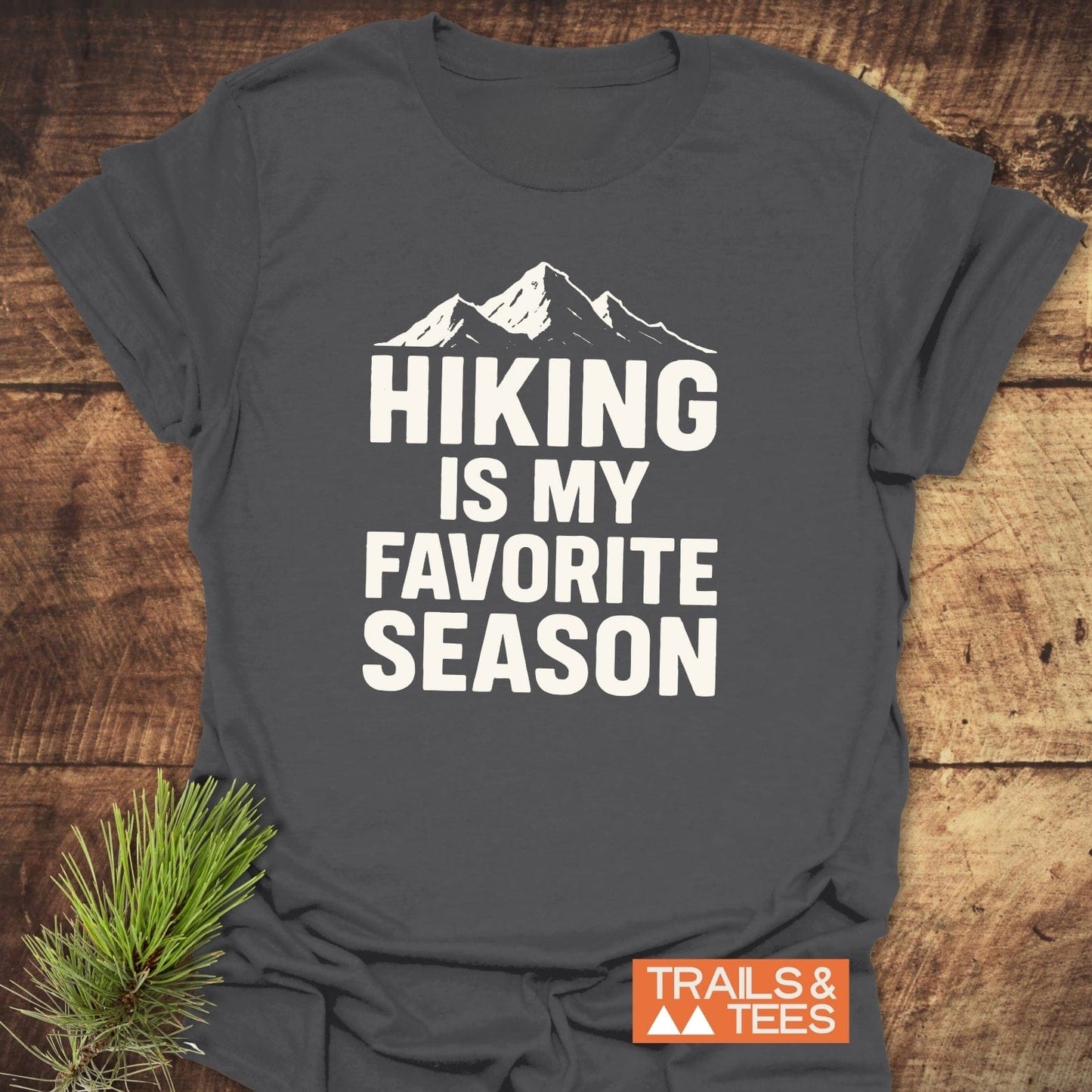 Charcoal-gray T-shirt with HIKING IS MY FAVORITE SEASON in white, featuring mountain peaks, and a small TRAILS & TEES logo.