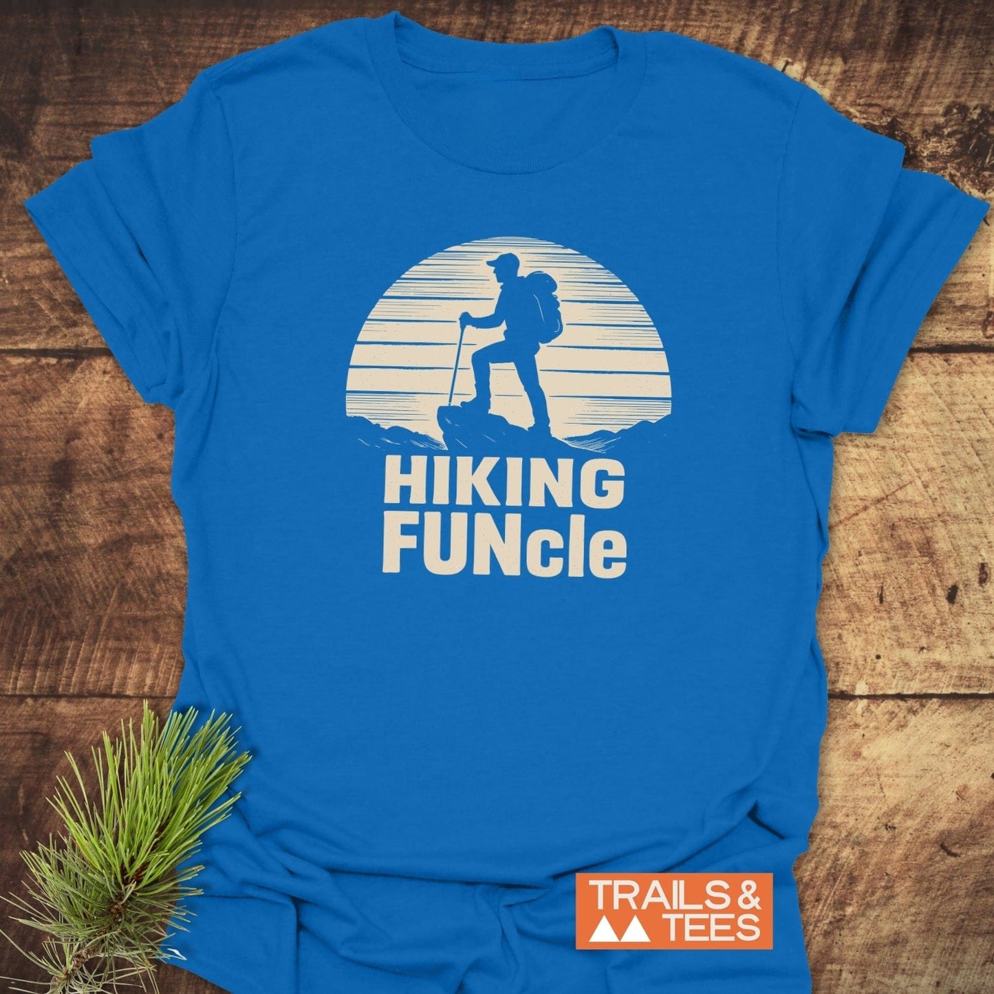 Hiking FUNcle T-Shirt featuring a backpacking hiker graphic, crafted from soft cotton, showcasing durable prints and designed for outdoor enthusiasts.