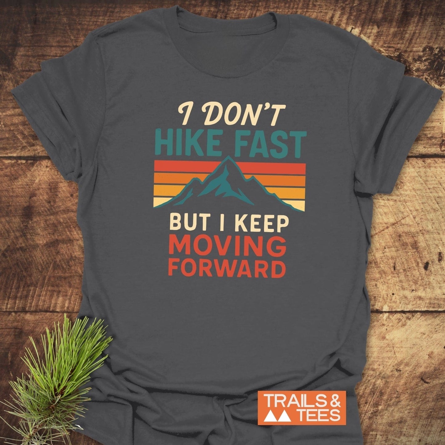 Dark gray I Don't Hike Fast T-shirt with mountain graphic and retro stripes, laid flat, featuring durable print and soft, ring-spun cotton for comfort.