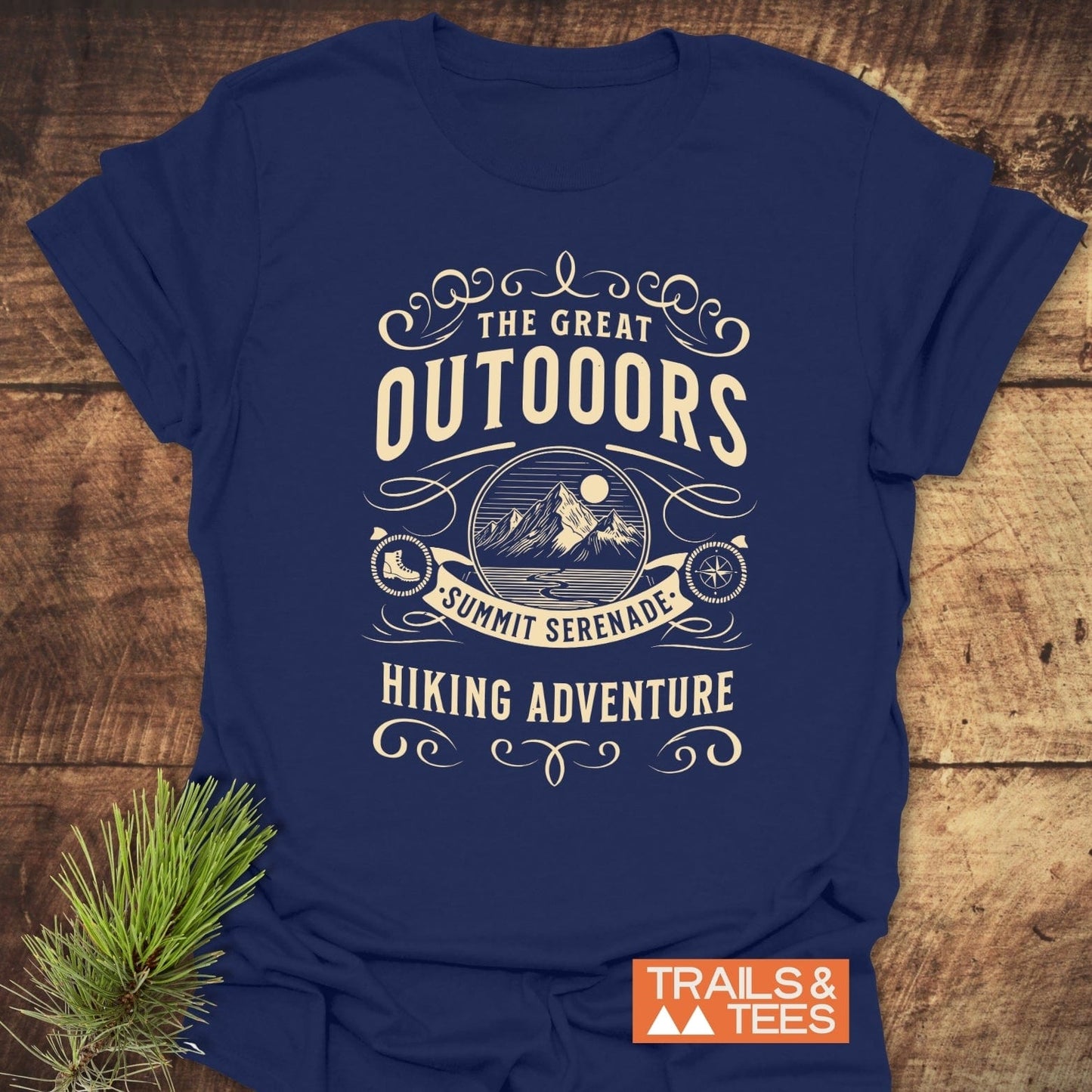 The Great Outdoors T-Shirt featuring a vintage-style mountain graphic, crafted from soft cotton for comfort and durability, perfect for hiking adventures.