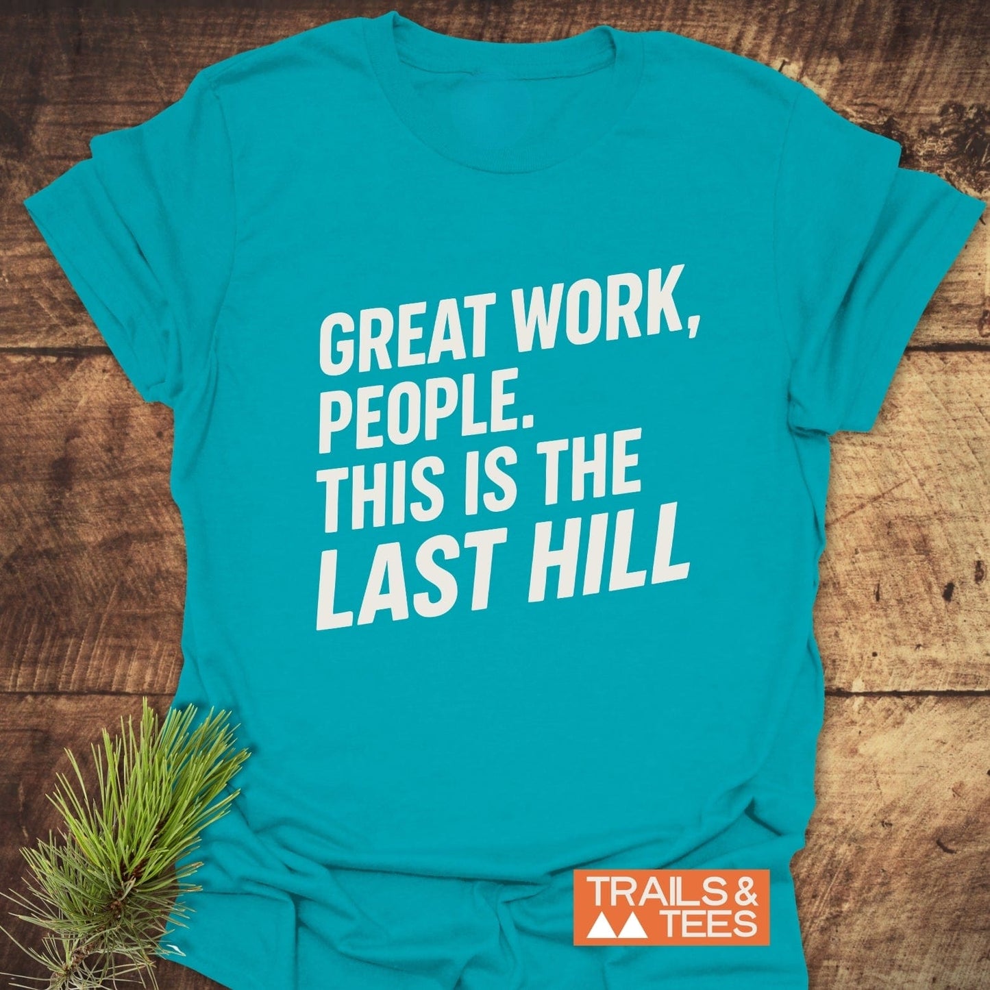 Great Work Funny T-Shirt on wood, featuring bold white text. Includes TRAILS & TEES orange logo, and pine sprig accentuating its outdoor theme.