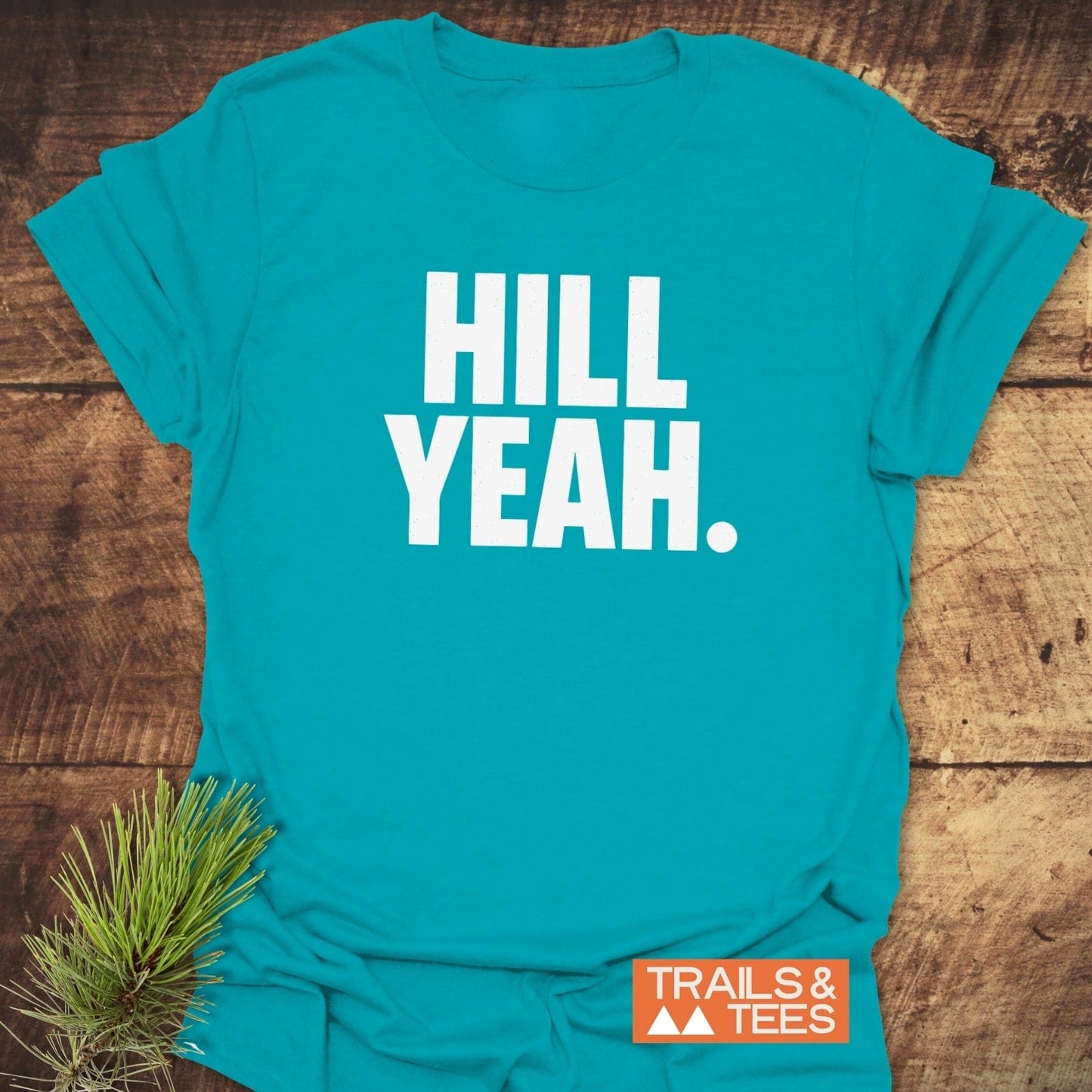 Hill Yeah T-Shirt: Teal T-shirt with “HILL YEAH” in white, featuring “TRAILS & TEES” logo. Rustic styling with pine sprig, embodying outdoor adventure spirit.