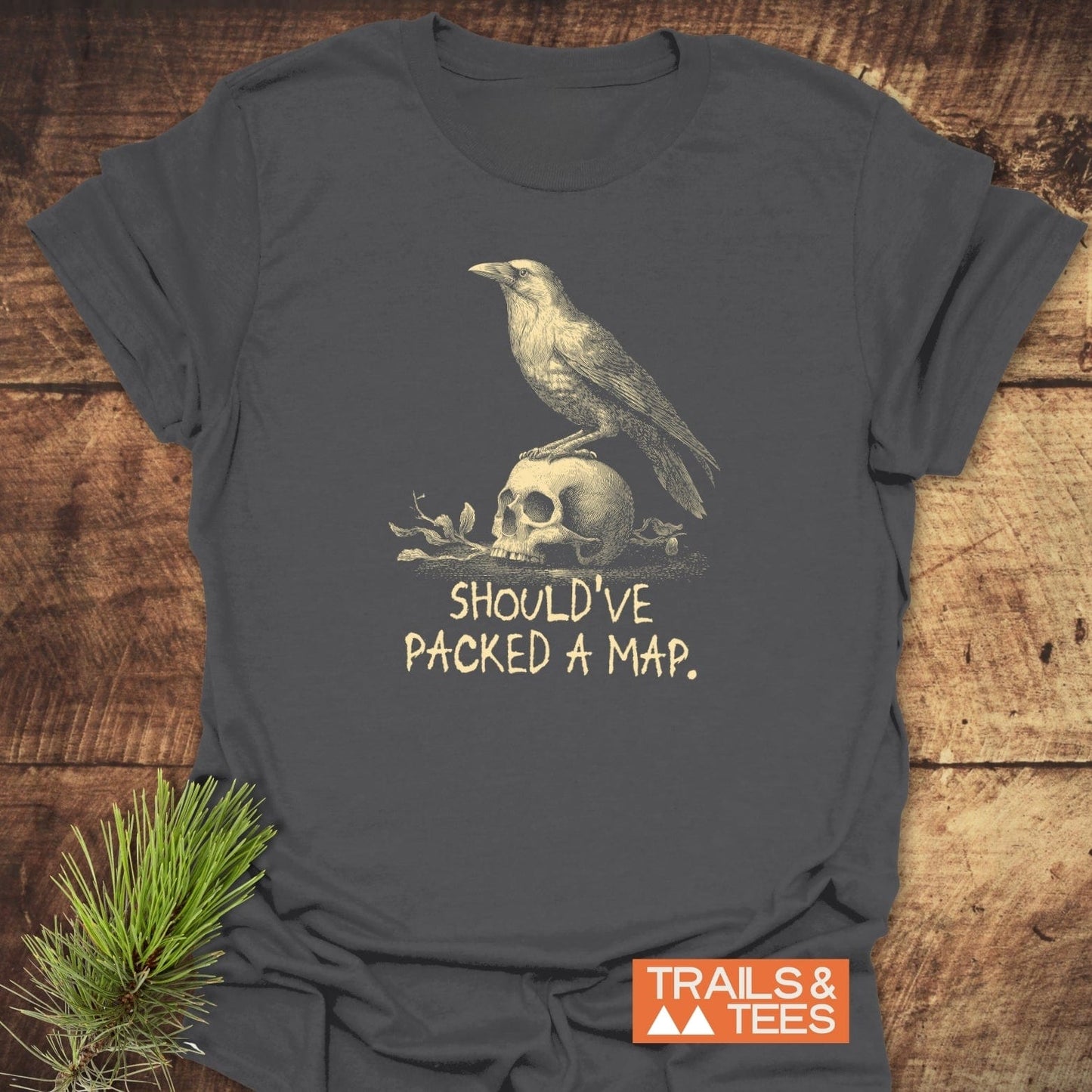 Dark-gray No Wi-Fi Funny T-Shirt with a raven on a skull illustration, captioned Should’ve Packed a Map, showcasing durable print and soft, lightweight cotton.