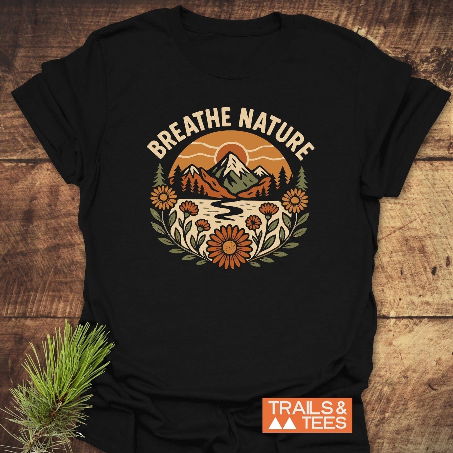 Breathe Nature T-Shirt featuring a retro mountain scene with BREATHE NATURE text, crafted from soft cotton, ideal for outdoor enthusiasts.