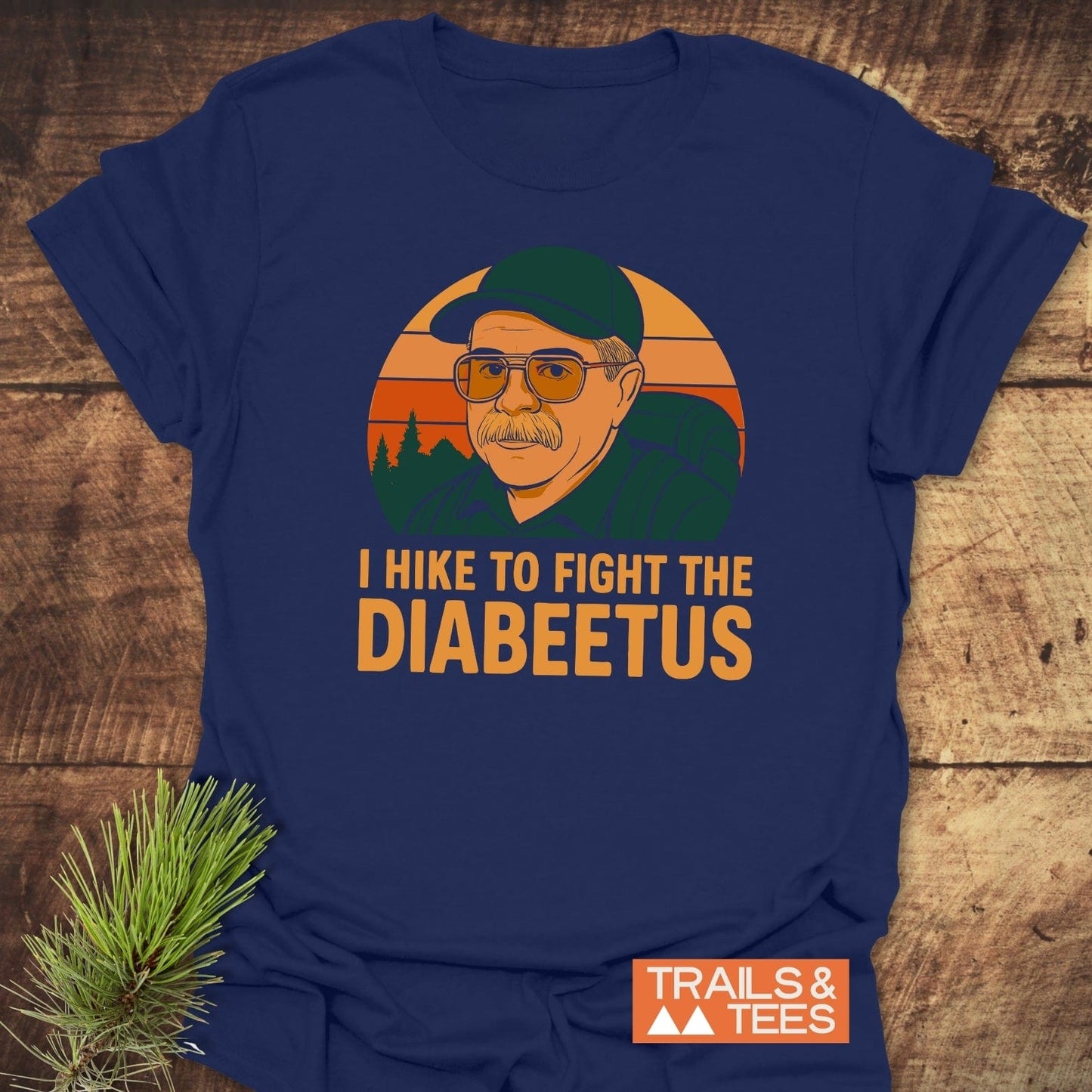 Retro Diabeetus Funny T-Shirt featuring Wilford Brimley graphic and I Hike to Fight the Diabeetus text, emphasizing comfort and durability for outdoor enthusiasts.