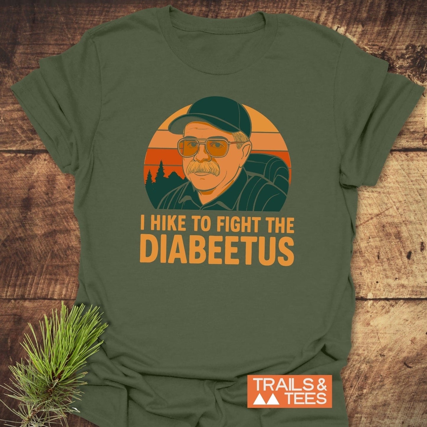 Retro Diabeetus Funny T-Shirt with a vintage graphic of a hiker and slogan, on soft cotton, ideal for outdoor enthusiasts.