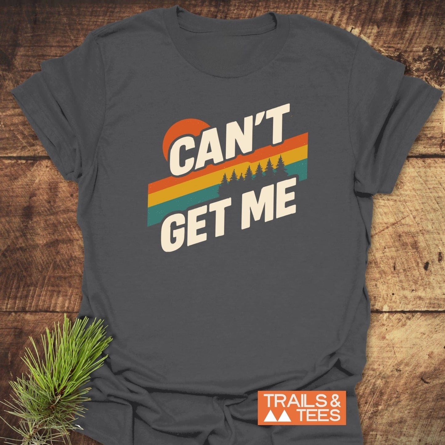 Can't Get Me Hiking T-Shirt featuring a retro half-sun graphic with pine trees, laid on wood. Offers trail-tested comfort and durable prints.