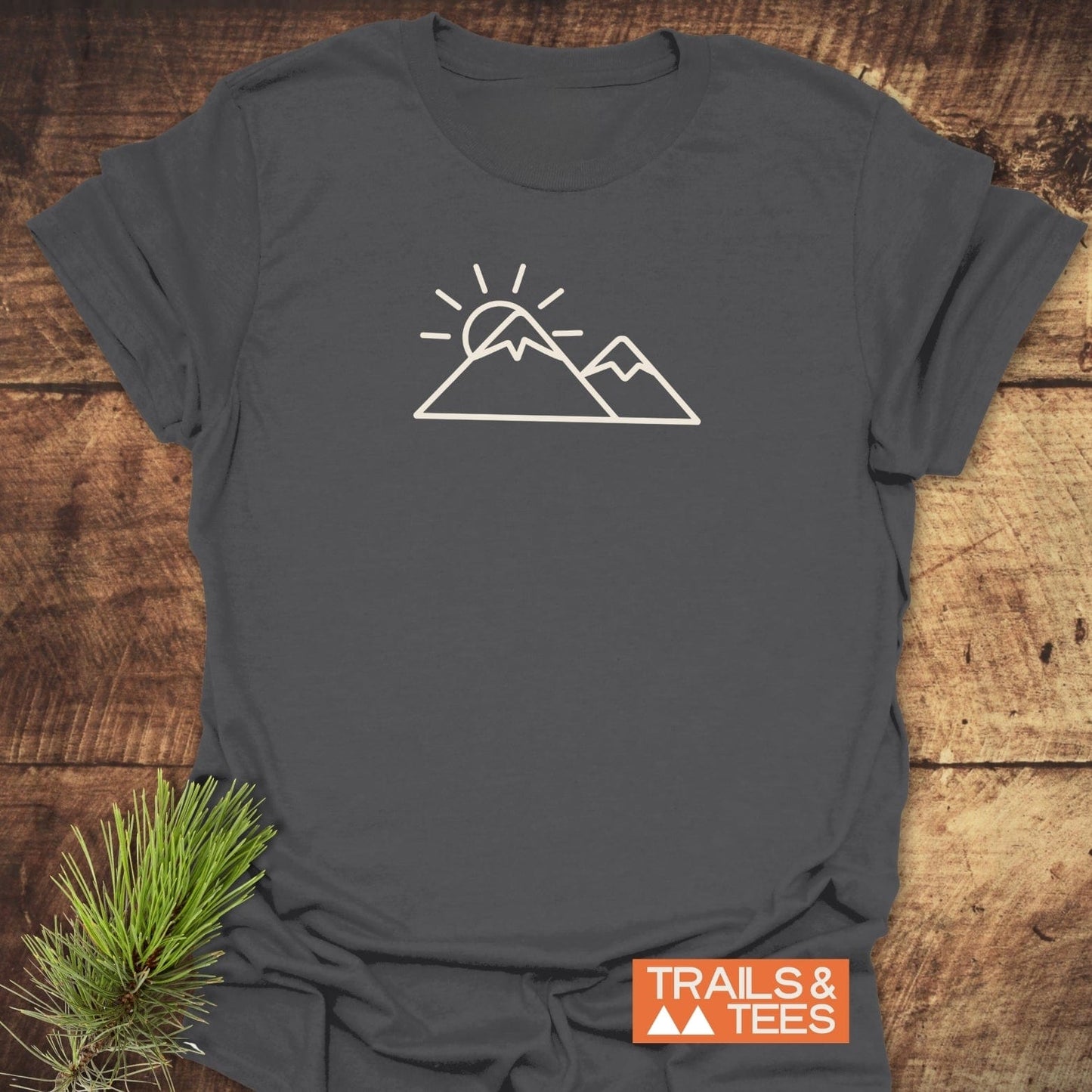 Minimalist Mountains And Sun T-Shirt, dark-gray, featuring white mountain and sun design. Made from soft ring-spun cotton, eco-friendly, pre-shrunk for consistent fit.