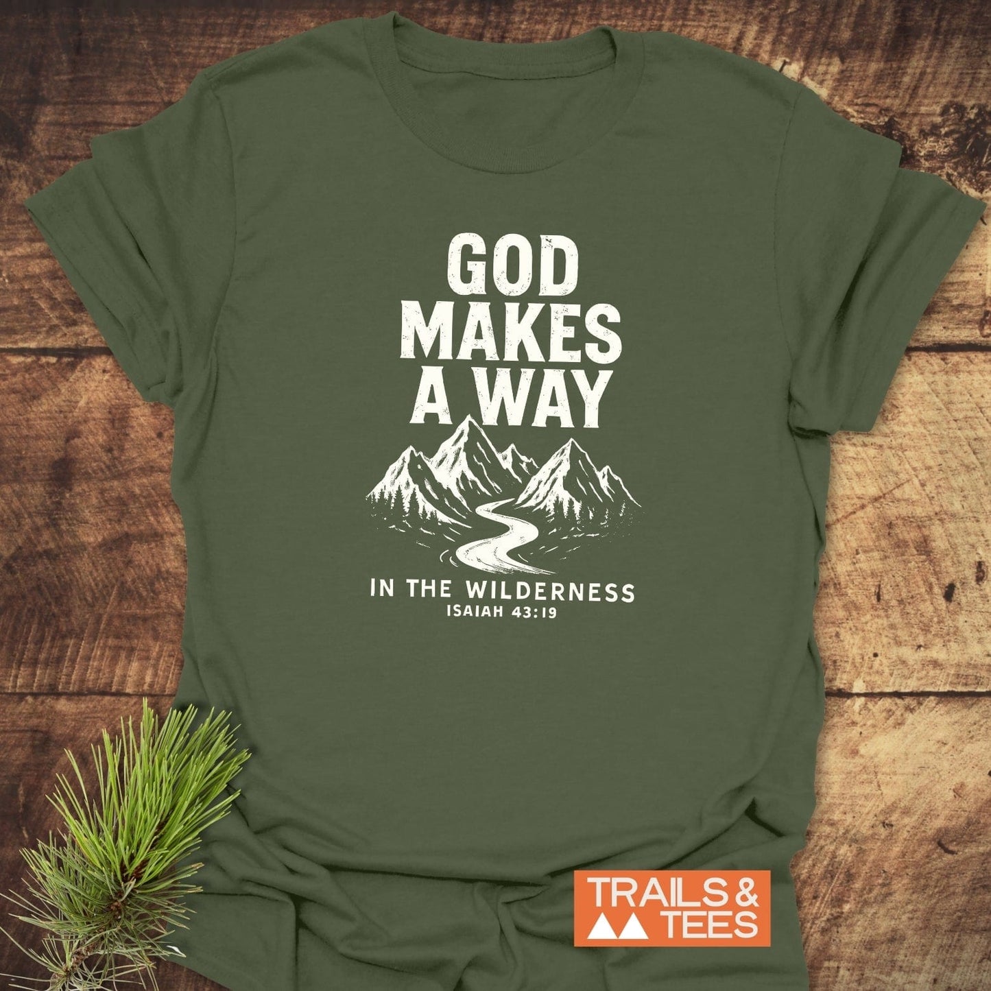 God Makes A Way T-Shirt featuring a mountain and river graphic, crafted from soft ring-spun cotton. Pre-shrunk, durable print, perfect for outdoor enthusiasts.