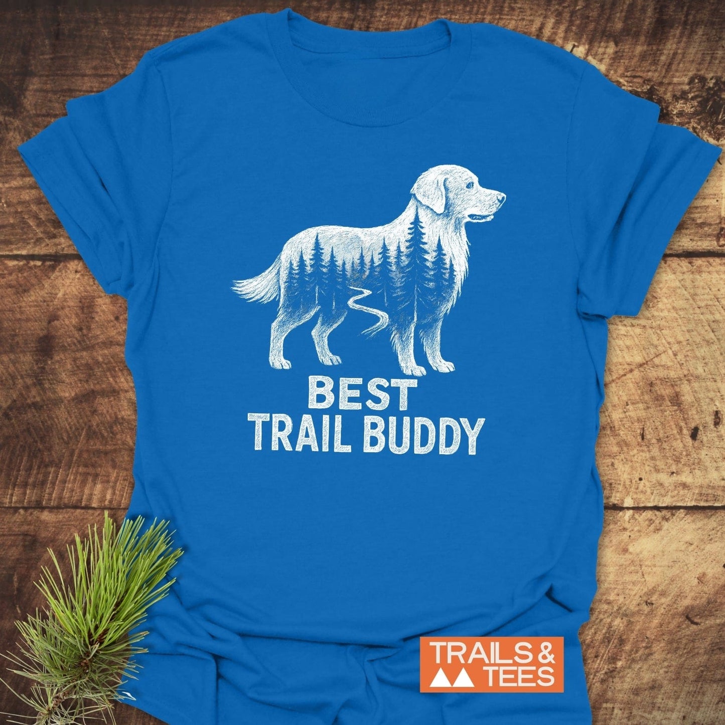 Best Trail Buddy Golden Retriever T-Shirt with forest graphic and BEST TRAIL BUDDY text, crafted from soft cotton for outdoor enthusiasts.