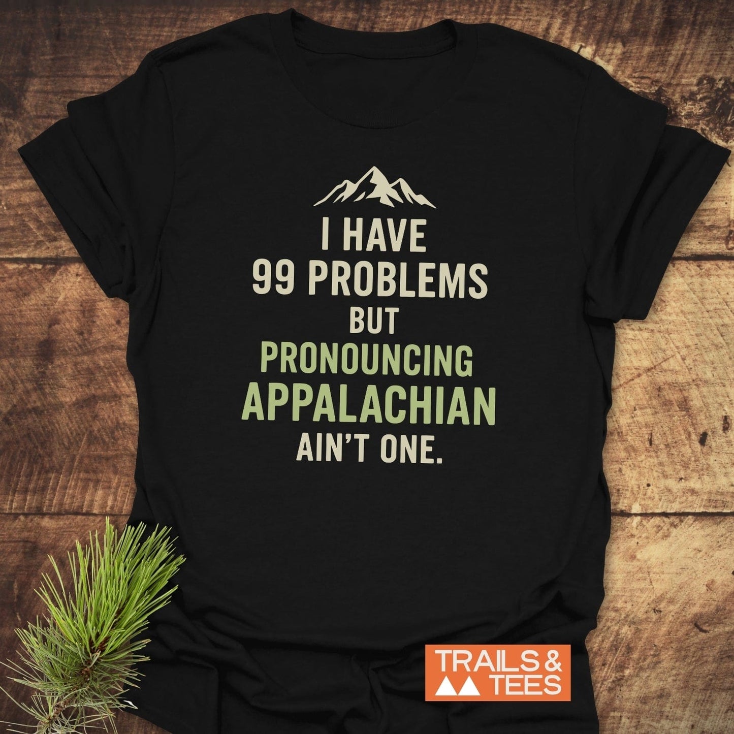 Black 99 Problems Funny T-Shirt with mountain graphic, orange TRAILS & TEES logo, laid on wood with pine branch, showcasing adventure-inspired design.