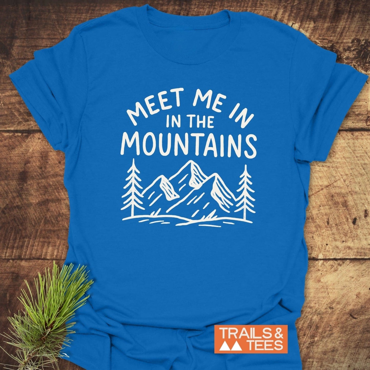Meet Me In The Mountains T-Shirt flat-lay, featuring white mountain and tree design, crafted from soft cotton for comfort and durability, with an orange Trails & Tees logo.
