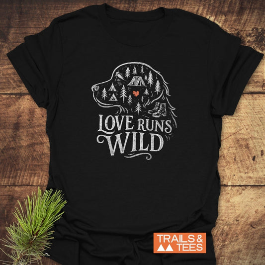 Love Runs Wild T-Shirt featuring a dog head outline filled with nature icons, slogan LOVE RUNS WILD, crafted for comfort and outdoor enthusiasts.