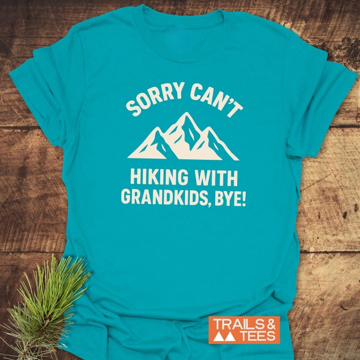 Sorry Hiking With Grandkids T-Shirt featuring a mountain graphic and slogan, crafted from soft cotton for comfort, with durable prints and a small TRAILS & TEES logo.