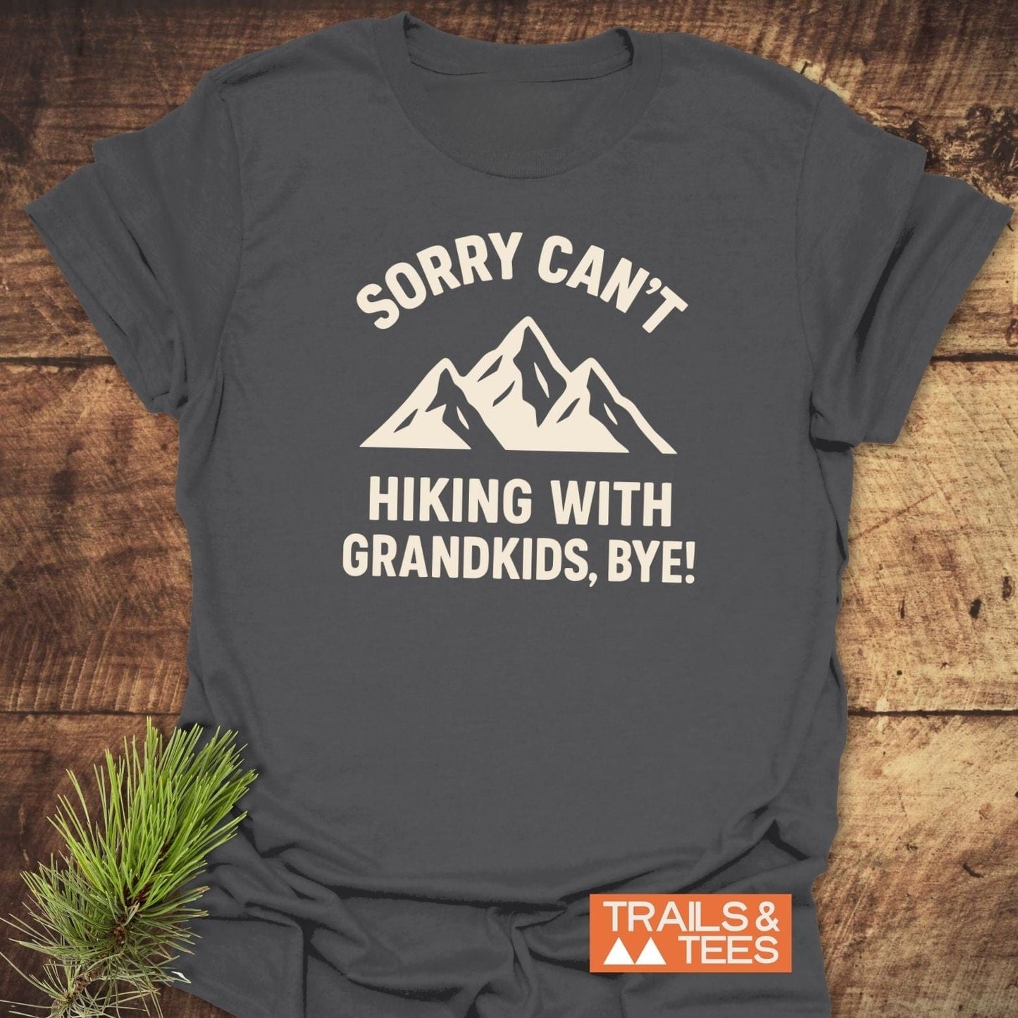Sorry Hiking With Grandkids T-Shirt featuring white mountain graphic on dark-gray fabric, showcasing durable, comfortable design with TRAILS & TEES logo and pine sprig accent.