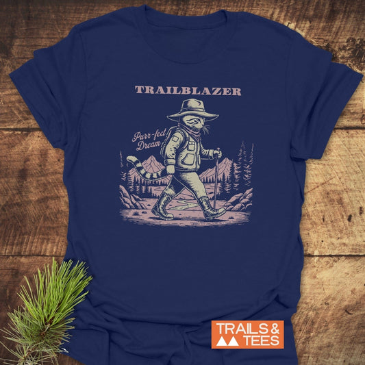 Purr-fect Dream Hiking T-Shirt featuring a retro hiking cat design, showcasing durable prints on soft, lightweight cotton for outdoor enthusiasts.