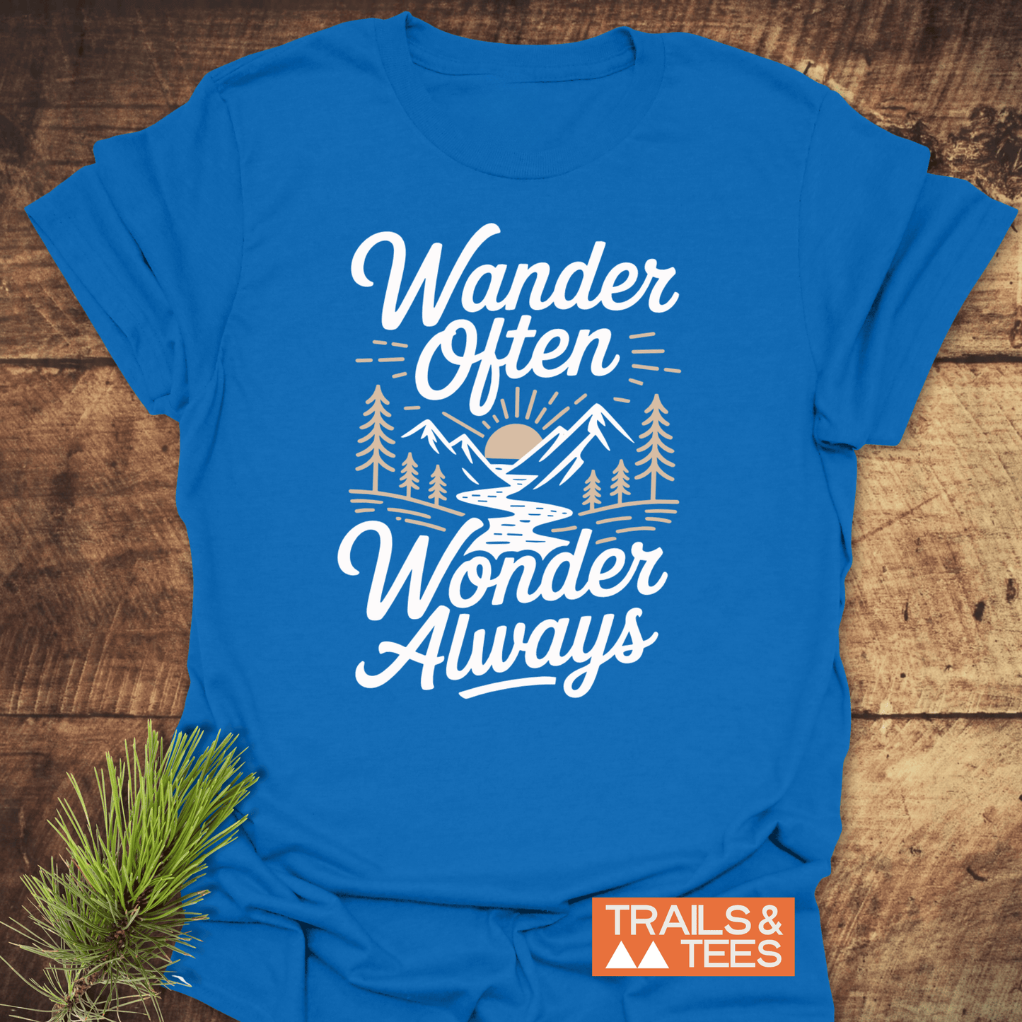 Wander Often T-Shirt with mountain graphic, soft ring-spun cotton, pre-shrunk, durable print. Ideal for outdoor adventures, promoting comfort and sustainability.