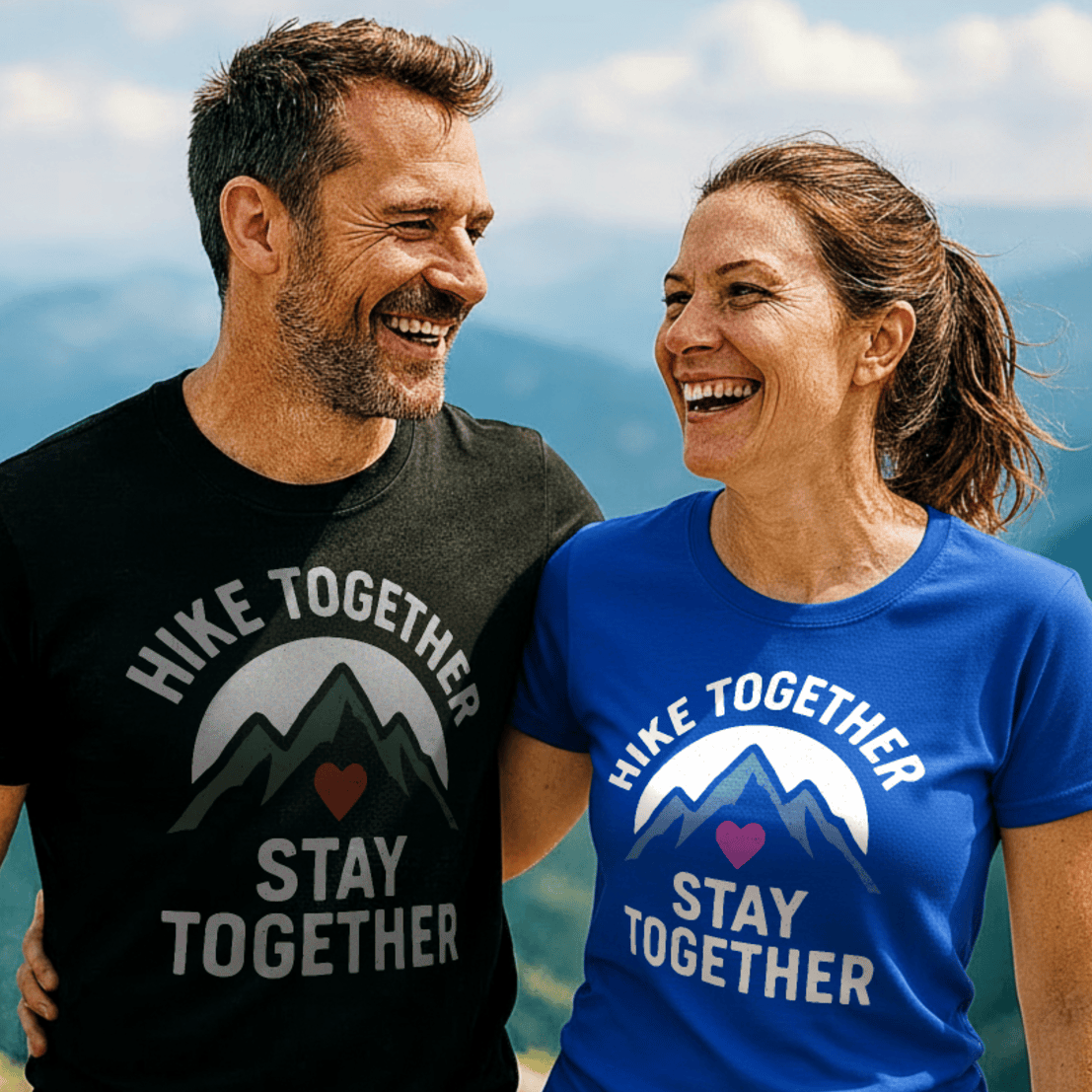 A couple wears Hike Together Couple T-Shirt with mountain graphics, enjoying an outdoor adventure. These ring-spun cotton tees offer comfort and durability.