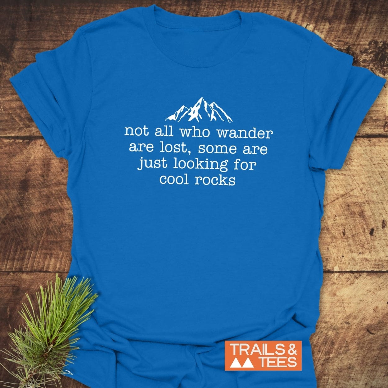 Looking For Cool Rocks T-Shirt on wooden surface, blue with mountain silhouette and quote. Features durable print, soft cotton, orange TRAILS & TEES label.