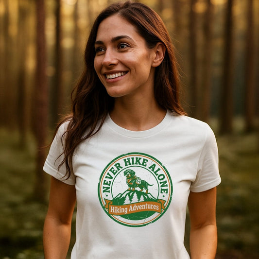Young woman in a wooded area wearing the Never Hike Alone T-Shirt, featuring a mountain and dog badge design, symbolizing outdoor adventure and comfort with soft, ring-spun cotton.