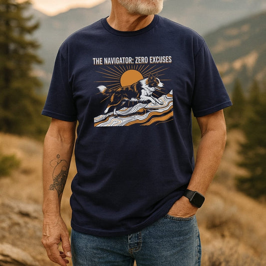Man outdoors wearing The Navigator Dog Lover T-Shirt, featuring a dog graphic over contour lines with a sun, and the slogan “THE NAVIGATOR · ZERO EXCUSES,” paired with jeans and a smartwatch.