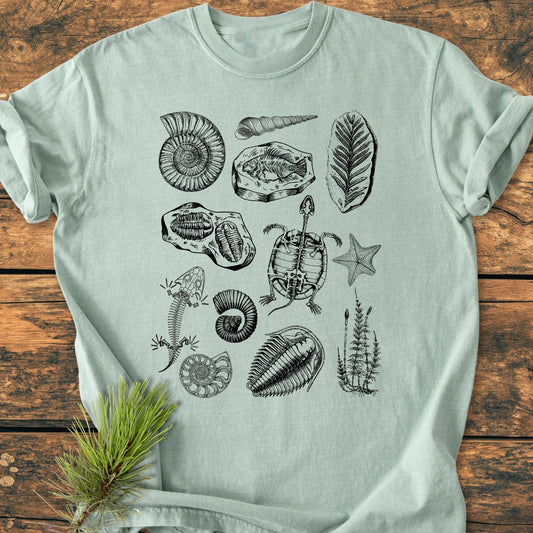 Fossile Vintage Tattoo Vintage Wash Tee, featuring intricate monochrome fossil illustrations like ammonites, trilobites, and a fish, on a soft mint-green 100% cotton fabric, offering a relaxed, cozy fit.