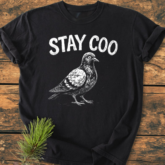 Stay Coo - Vintage Wash Tee features a white pigeon sketch with STAY COO text on a black, garment-dyed T-shirt, displayed on wood with pine needles accent, emphasizing comfort and durability.