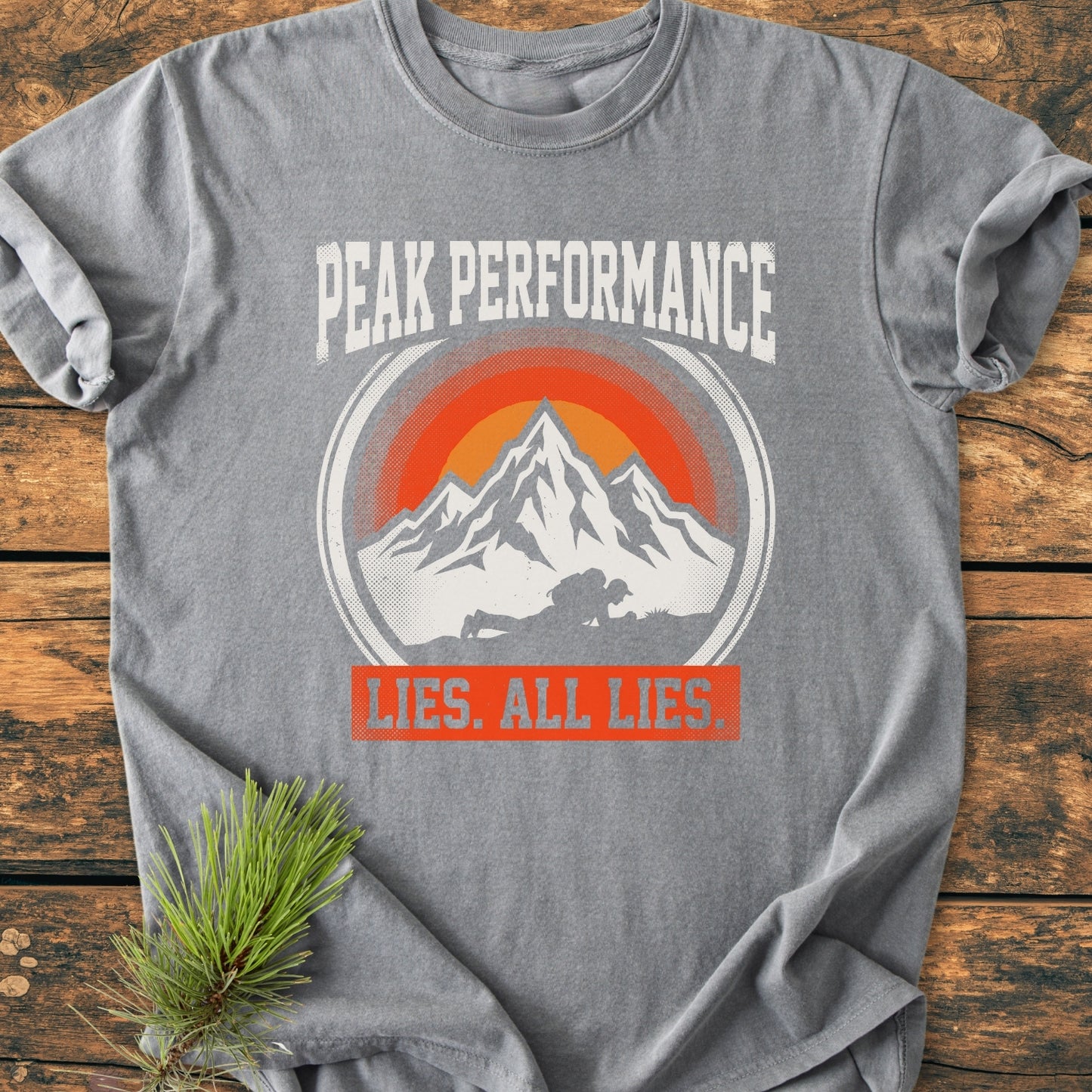Peak Performance - Vintage Wash Tee features a gray shirt with a snow-capped mountains graphic and text, showcasing a cozy, relaxed fit made from pre-shrunk, garment-dyed cotton.