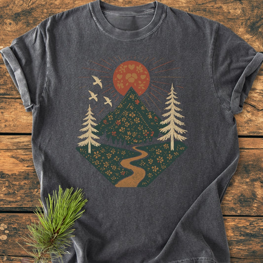 The Dreamy Mountain Landscape - Vintage Wash Tee features a nature-themed graphic with an orange sun, green mountains, cream pine trees, and birds, enhancing this charcoal-gray, relaxed-fit, soft-washed T-shirt.
