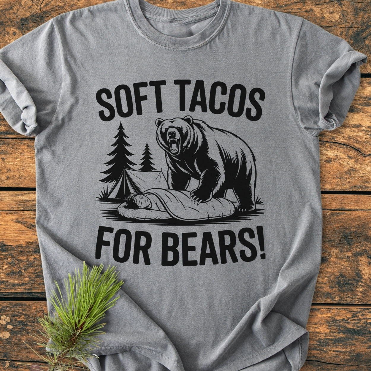 Soft Tacos For Bears - Vintage Wash Tee features a black-ink illustration of a roaring bear over a camper. Made of 100% ring-spun cotton, it offers a relaxed fit and durable stitching.