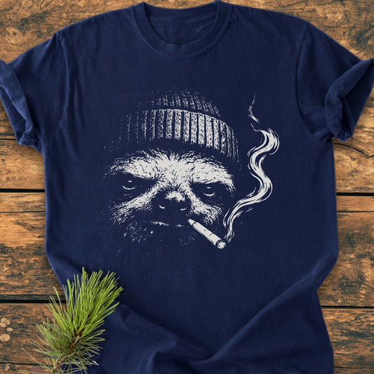 No Rush Club - Vintage Wash Tee displays a sketch-style graphic of a sloth in a beanie with a cigarette, on a navy fabric, laid on wood with a pine sprig beside it.