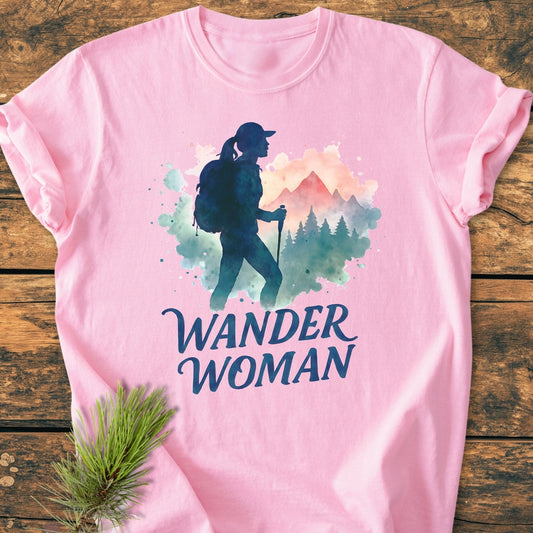 Wander Woman Watercolor - Vintage Wash Tee featuring a hiker design with mountains and trees, showcased on a wooden surface with a pine sprig, highlighting its relaxed, soft-washed, garment-dyed cotton fabric.