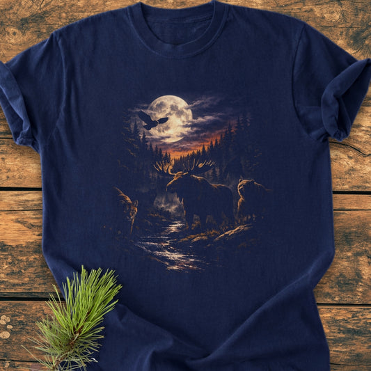Moonlit Woodland - Vintage Wash Tee features a nocturnal forest scene with a full moon, owl in flight, and wildlife, laid flat on wood, showcasing its soft, relaxed fit and durable design.