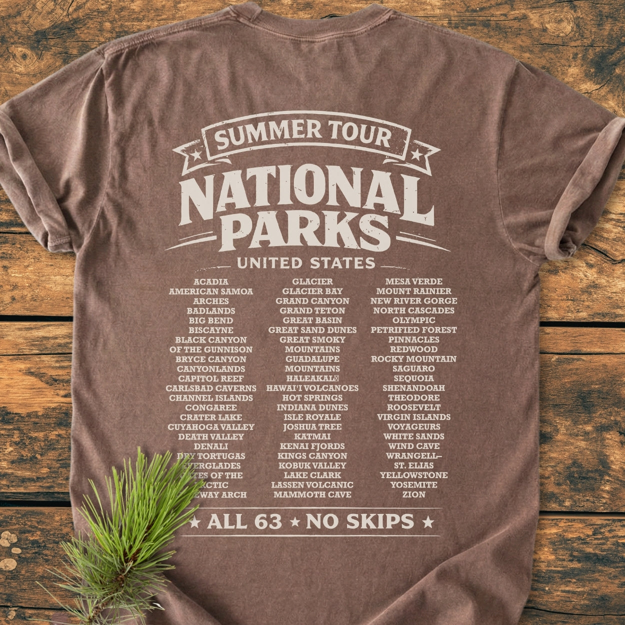 Summer Tour National Parks BACK PRINT - Vintage Wash Tee: A brown vintage-style T-shirt featuring a bold graphic listing all 63 U.S. National Parks, laid on wood with a pine branch for styling.
