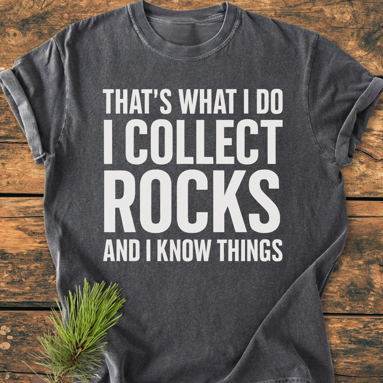 Heather-charcoal I Collect Rocks - Vintage Wash Tee with white text, laid flat on wood, features a sprig of pine needles beside it, showcasing its soft-washed, relaxed fit and durable design.