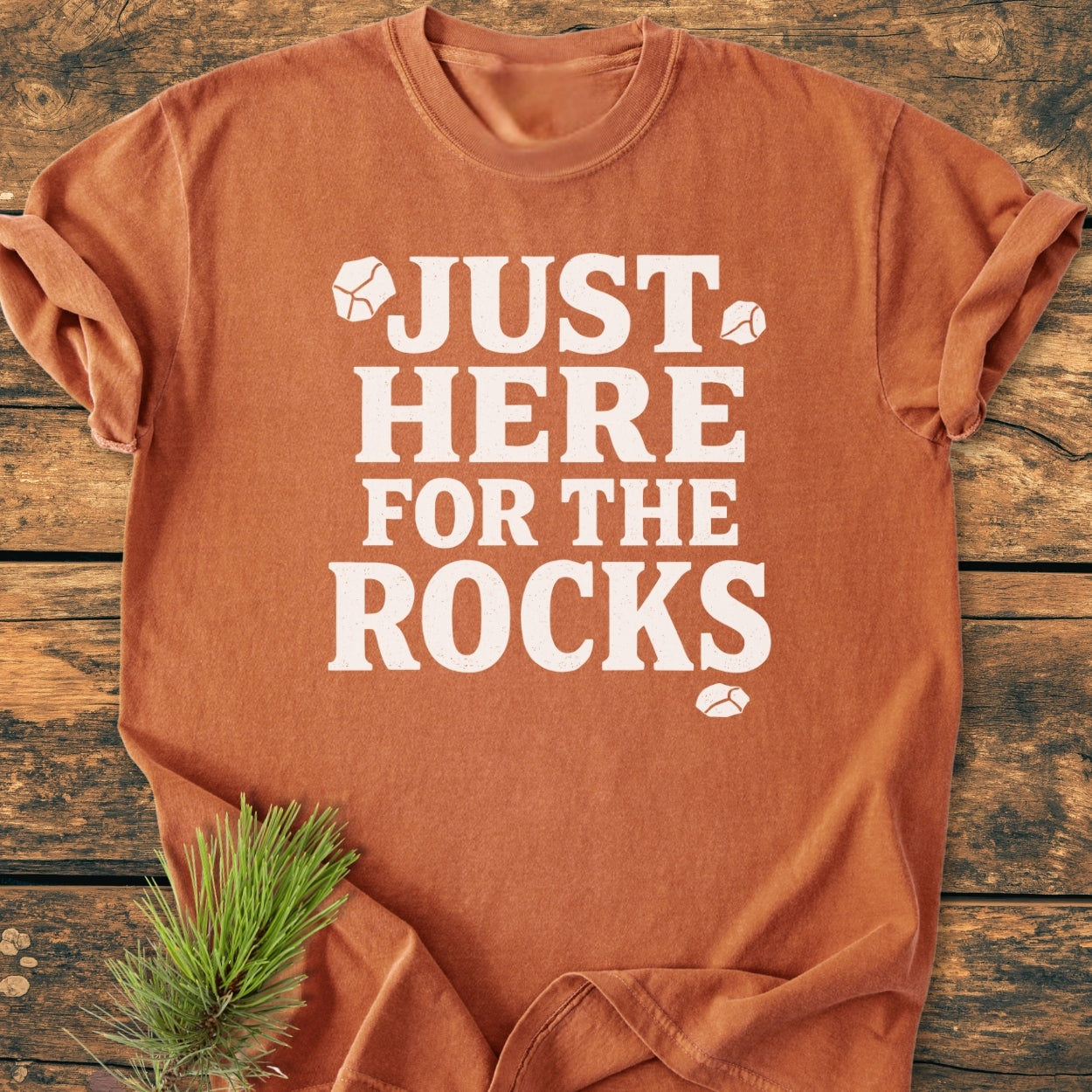 Just Here For The Rocks - Vintage Wash Tee in rust-orange with white text and rock icons, laid flat. Features soft-washed, 100% ring-spun cotton for a relaxed fit and durability.
