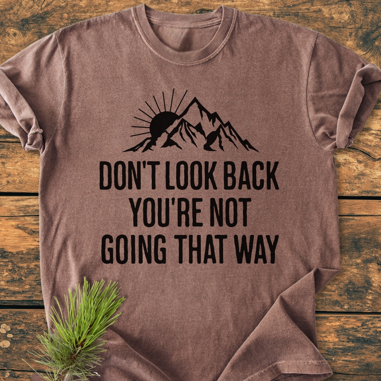 Don't Look Back - Vintage Wash Tee featuring a black mountain and sun graphic with a motivational slogan, laid flat on wood with a pine sprig. Made from soft, pre-shrunk cotton.