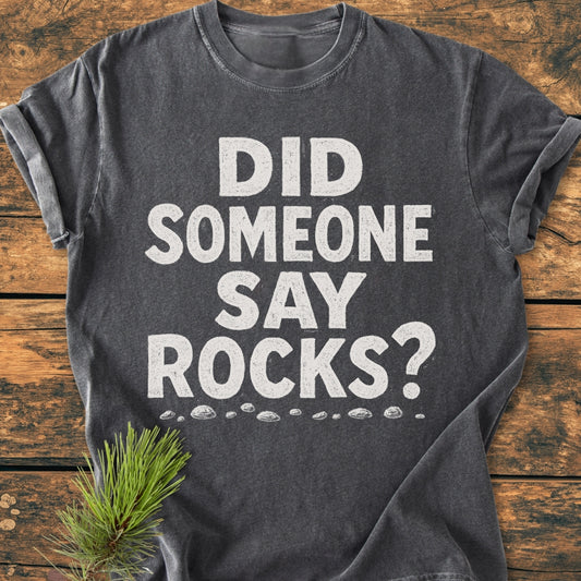Did Someone Say Rocks? - Vintage Wash Tee in dark charcoal-gray with bold, distressed white lettering and pebble design, laid flat on wood, accented by a pine sprig for rustic appeal.