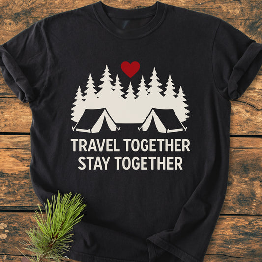 Travel Together Stay Together - Vintage Wash Tee features a graphic of evergreen trees, tents, and a red heart. The black T-shirt is displayed on a wooden surface with a pine sprig nearby.