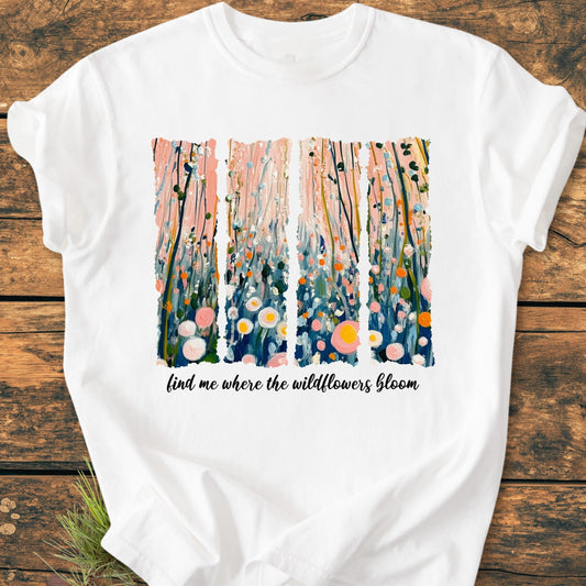 Find Me Where The Wildflowers Bloom - Vintage Heavyweight Tee features a painterly four-panel wildflower design and script phrase on a white T-shirt, showcasing a relaxed fit and durable construction.