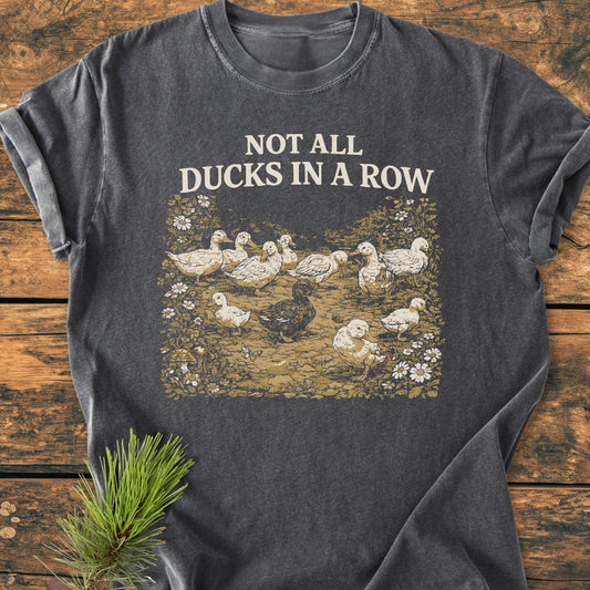 Not All Ducks In A Row - Vintage Wash Tee: A dark-heather gray T-shirt featuring a vintage duck illustration with daisies, crafted from soft, garment-dyed 100% ring-spun cotton for comfort and durability.