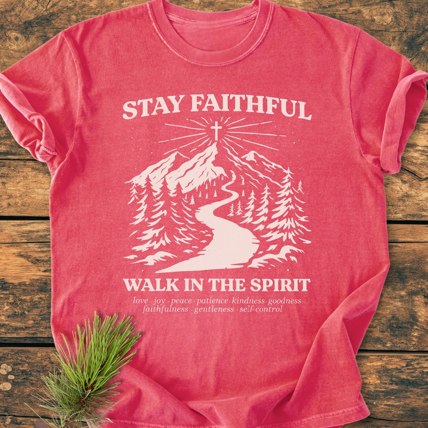 Stay Faithful - Vintage Heavyweight Tee featuring a stylized landscape graphic with a mountain and cross, surrounded by the words STAY FAITHFUL and WALK IN THE SPIRIT, highlighting the fruit of the Spirit.
